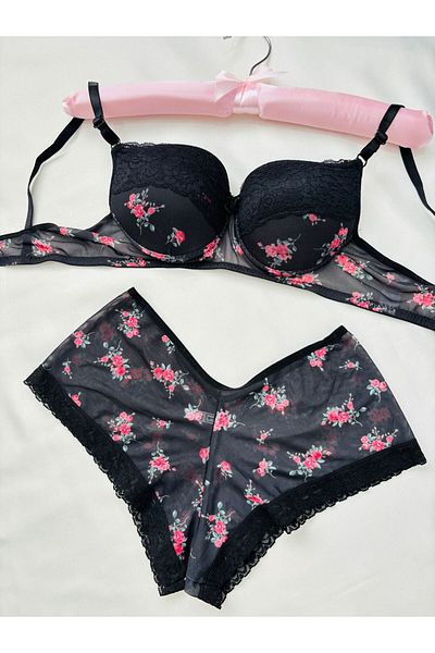 İNKO İÇ GİYİM Women's Padded Supported Floral Patterned Black Boxer Type Underwear Set