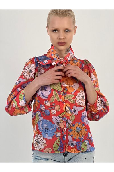 Miss Poem Women's Patterned Red Shirt with Scarf Collar