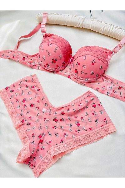 İNKO İÇ GİYİM Women's Padded Supported Floral Patterned Petrol Green Boxer Type Underwear Set