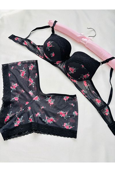 İNKO İÇ GİYİM Women's Padded Supported Floral Patterned Black Boxer Type Underwear Set