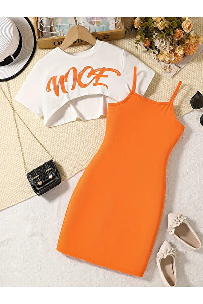 NoVibe Παιδικό εμπριμέ φόρεμα & Crop T-shirt 2 τεμαχίων Συνδυασμός