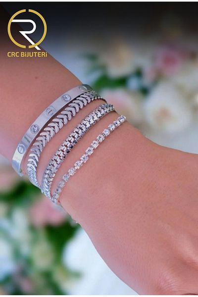 Crc Bijuteri Women's Silver Color 4-Piece Bracelet Combination Set - Stone Handcuffs, Waterway, Chain and Leaf Model