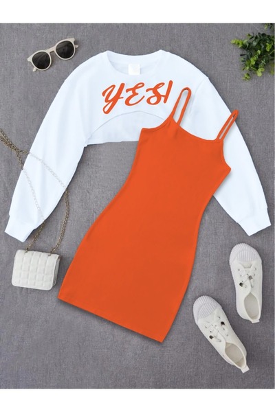 NoVibe Rochie imprimată Yes pentru copii și hanorac crop Combinație de 2 piese