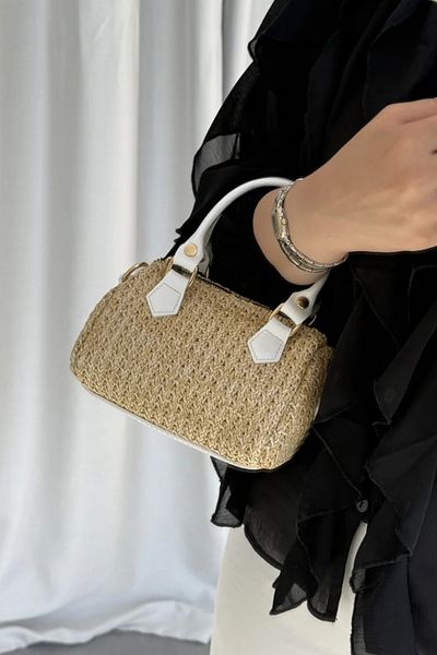 LEONAS Tiny Straw Women's Hand and Shoulder Bag Clarise White