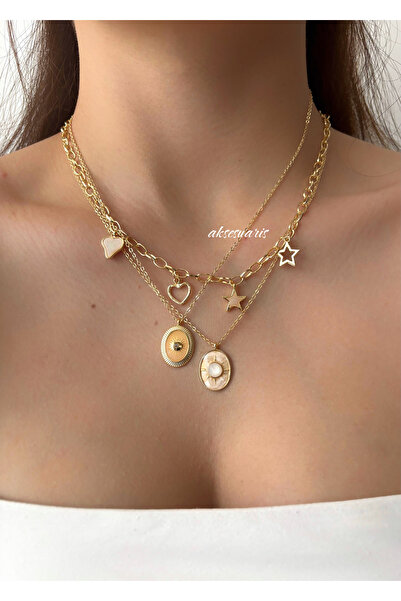 aksesuaris 3'lü Mineli Kalp Yıldız Charm Gold Kadın Kolye Kombin