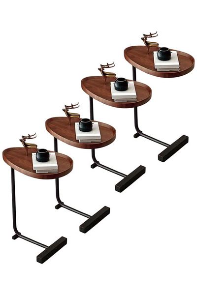 Generic 4-Pieces Modern Coffee Table | C-Shaped Side Table with Brown Wood Top and Black Metal Frame