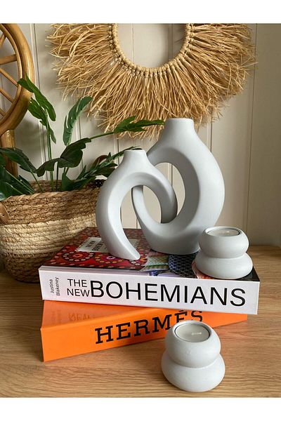 Porselian Set of Vine Dear Vase, Candlestick Candle Holder