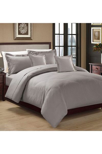 Moon Single Bed Set Hotel Style Striped Design 4-Piece Microfiber Gray 220x160cm