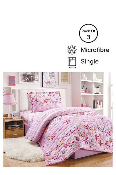 Mon 3-Piece Compressed Quilt Set Microfiber Pink/White 200x150cm