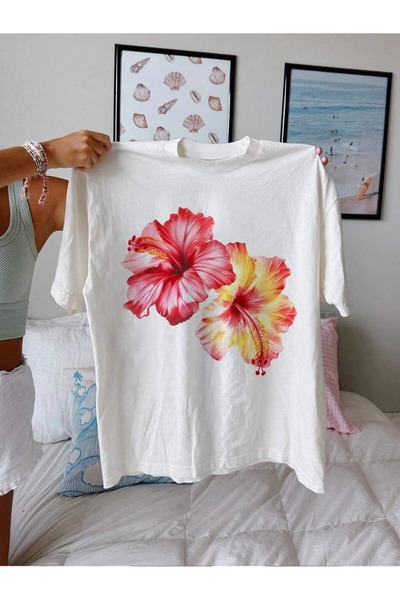 LAYORA - supradimensionat flori de hibiscus cu imprimeu guler rotund tricou