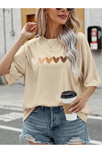 BEETON Hearts T-Shirt - Beige Printed Oversize Crew Neck Short Sleeve T-Shirt