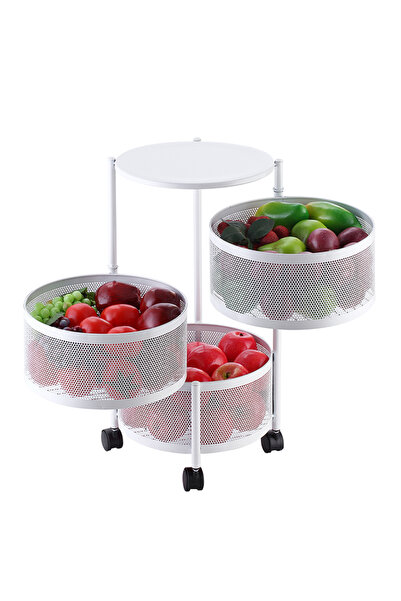 Lawazim رف تخزين خضراوات بثلاث طبقات - رف منظم للمطبخ باللون الأبيض مع عجلات