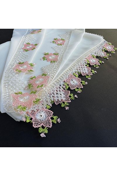 arzumçeyiz Handwork Needlework Mevlüt Headscarf (Heavywork) in the Size of 140 * 70 cm - Cream
