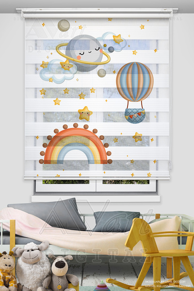 Avart Digital Gökkuşağı Aydede Balon Baskılı Bebek Odası Perdesi - Baby Ay - ...