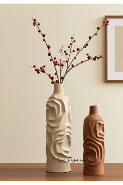Lui Tasarım Krem ve Kremit Rengi Vazo 2'li Seramik Set Arin Vazo Bohem İskandinav Japon Tarzı