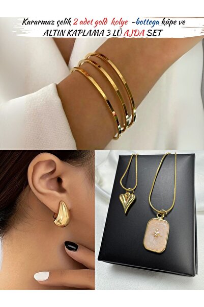Perry Accesories 3 adet altın kaplama ajda seti kuzey yıldızı kolye gold ajda bilezik kiraz küpe bottega set