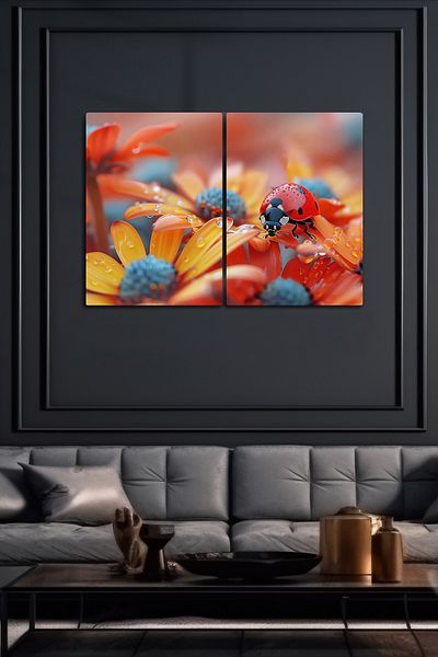 DekorHane Metal Shiny Plexiglass Coating, Ladybug Flower Nature Painting, Partial Natural Design