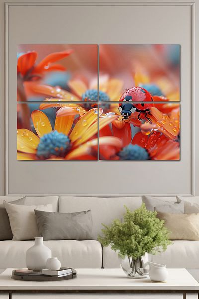 DekorHane Metal Shiny Plexiglass Coating, Ladybug Flower Nature Painting, Partial Natural Design