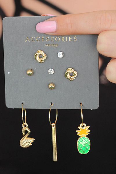 AfraBeauty Stainless Steel Pineapple Triple Earring Set |   Gold Color & Stylish Stone Details