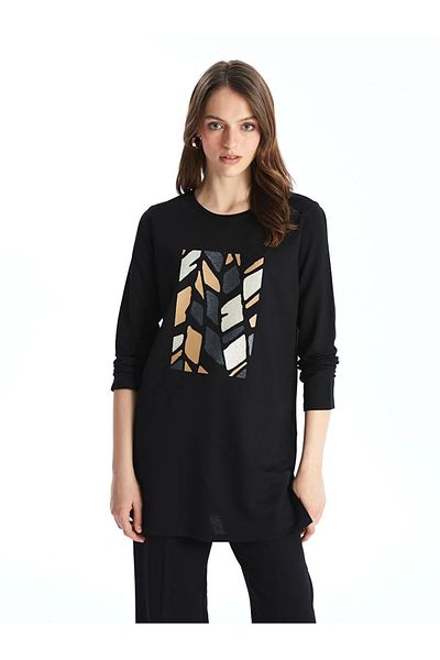 LC Waikiki Lcwaikiki Basic Black Crew Neck Printed Women's Sweatshirt Tunic