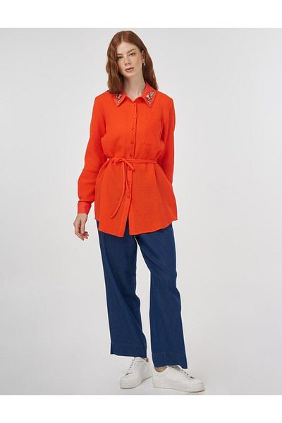 KYR Collar Stone Embroidered Muslin Tunic Coral