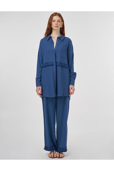 Kayra Lace Garnished Linen Viscose Double Suit Indigo