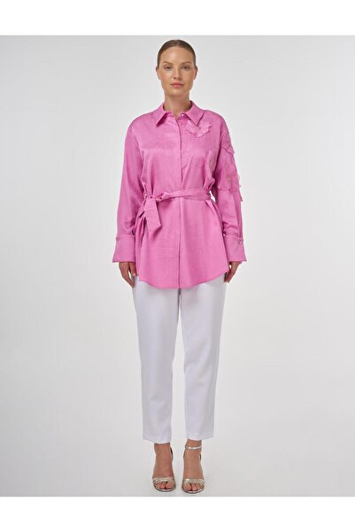 Kayra Çiçek Aplikeli Saten Tunik Şeker Pembe