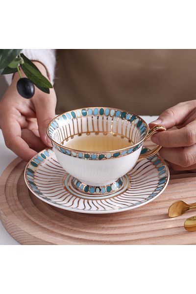 sharpdo Balloon Gold Thread Coffee Cup And Coffee Dish (Gold Handle) 220 mL (5 Colors To Choose From)