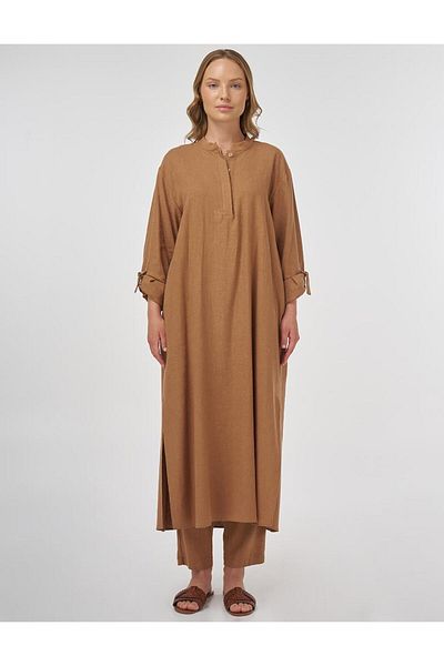 Kayra Judge Collar Linen Viscose Long Tunic Camel