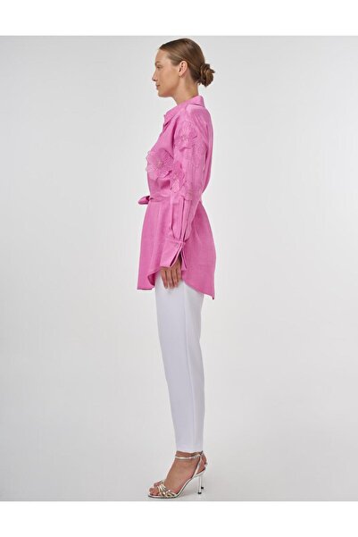 Kayra Çiçek Aplikeli Saten Tunik Şeker Pembe