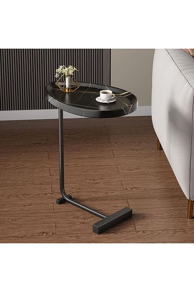 Generic 4-Pieces Modern Coffee Table | C-Shaped Side Table with Black Wood Top and Black Metal Frame