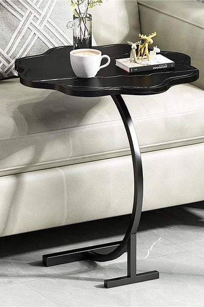 Generic Modern Coffee Table | C-Shaped Side Table with Wood Top in Flower Shape and Metal Frame Black