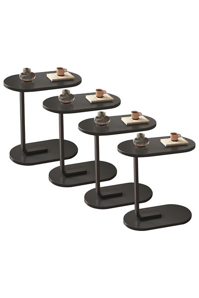 Generic 4-Pieces Modern Coffee Table | C-Shaped Side Table with Black Wood Top and Black Metal Frame