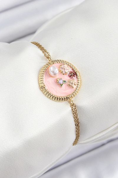 NETWORK ART Bfs 316L Steel Chain Pink Enamel Artistic Portrait Pearl Detailed Flower Model Gold Color Women's Bracelet