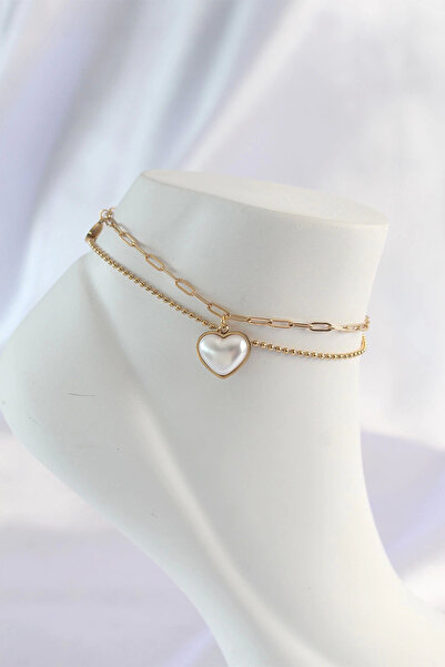 Belle Fusion Bfs 316L Steel Gold Color White Heart Anklet Set of 2