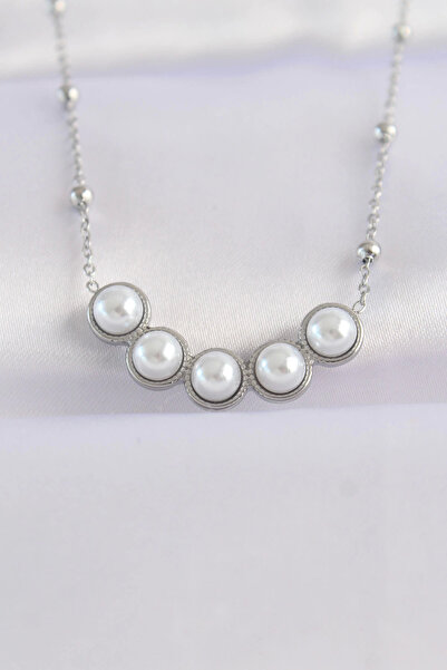 Belle Fusion Bfs 316L Steel Chain Silver Color Row Pearl Stone Necklace