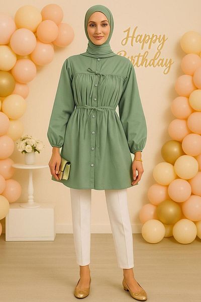 TRENDTESETTÜR Women's Green (Çağla) Shirt Tunic with Lace Detail t 2522