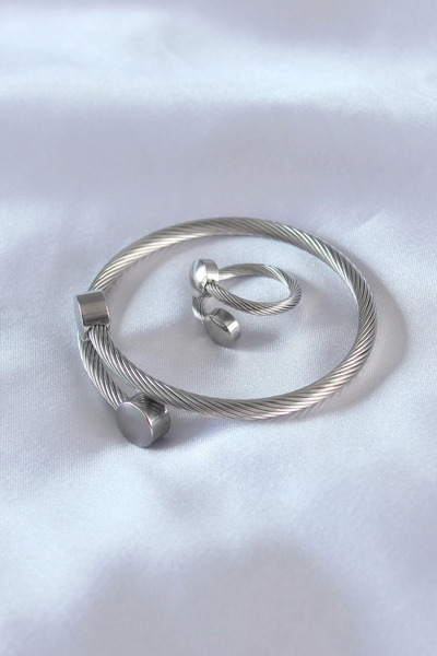 Belle Fusion مجموعة خواتم سوار رجالي من الفولاذ BFS باللون الفضي