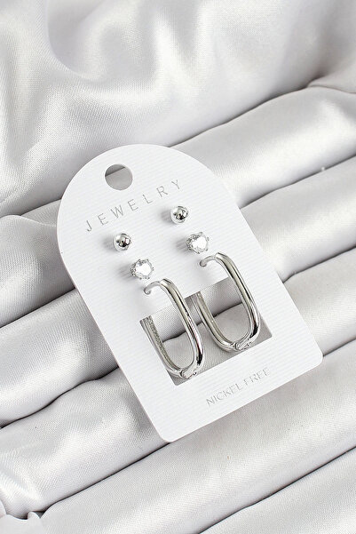 Belle Fusion Bfs Brass Zircon Stone and Rectangular Figured Silver Color 3-Pi...