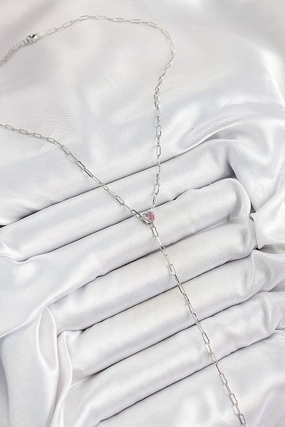 NETWORK ART Bfs Brass Zircon Stone Pink Heart Figured Y Model Silver Color Women's Necklace