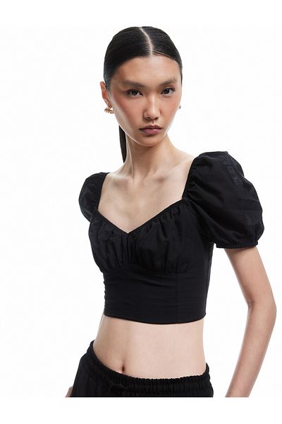 Koton New Season Cotton Square Neck Short Balloon Sleeve Crop Blouse