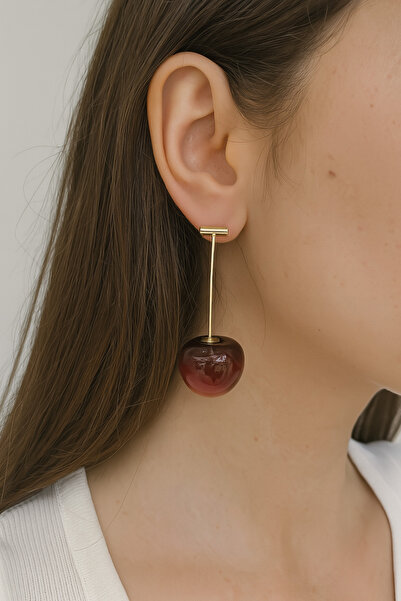 Vinlora Design Cherry Figured Dangle Earrings – Gold Color Steel Handle, Mode...
