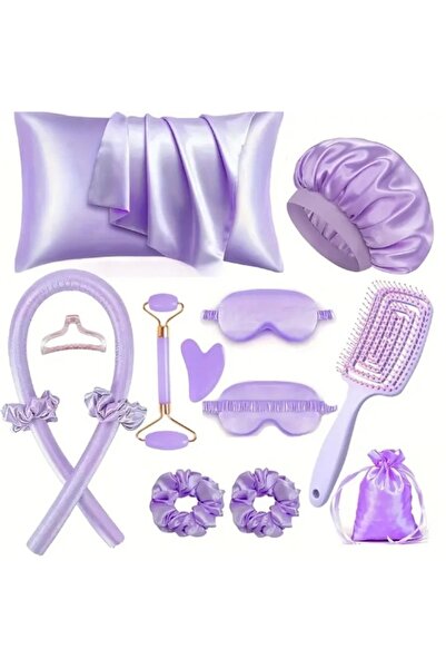 Tinybabyconcept 13 Piece Satin Sleeping Set Pillow Case Hair Cap Eye Mask Curler Roller Guasha Pouch 4 Buckles