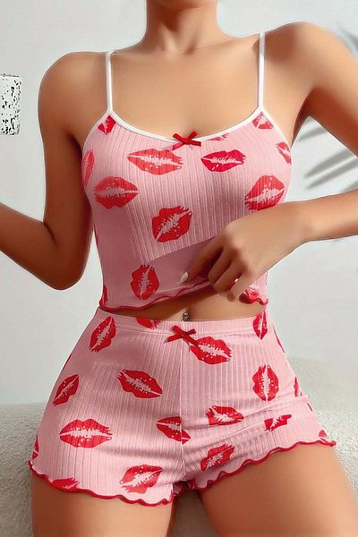 Fulla Moda Kiss Patterned Rope Strap Shorts Pajama Set