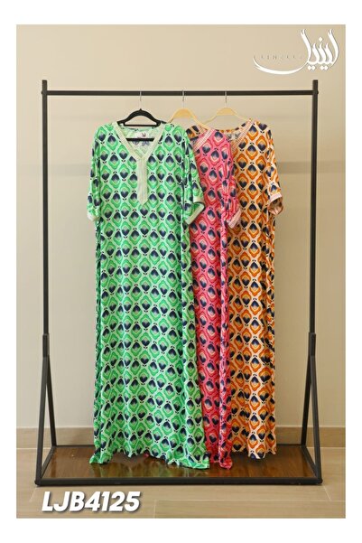 LINELLE فستان جلابية نسائي من الرايون - فستان ماكسي مطبوع مع رقعة على الرقبة ...