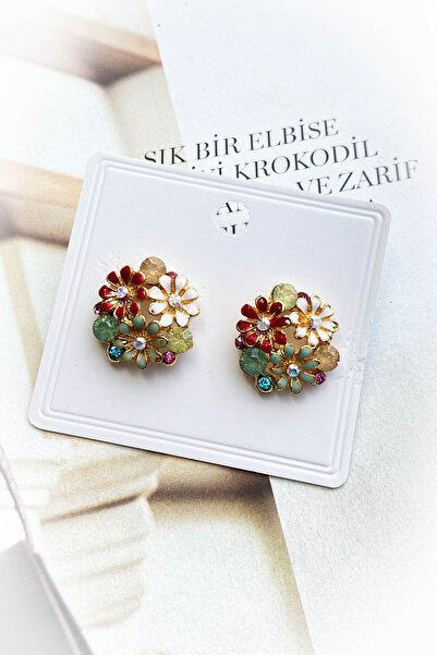 roshel Altın Kaplama Renkli Çiçekli Küpe