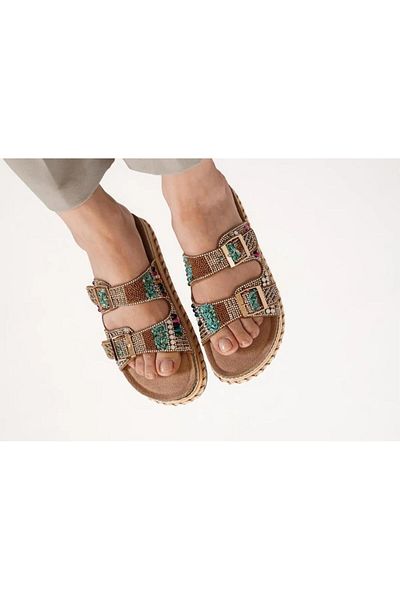 Guja 25Y103 Women's High Cork Sole Stone Double Tape Slippers