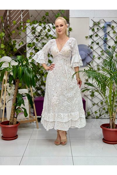 Punta Otantik Nc10995 Italian Sequin Sequined Elastic Waist Cotton Dress White