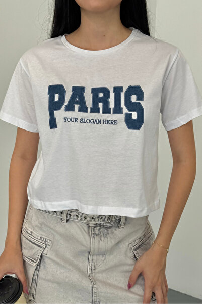 alanora قميص نسائي برقبة دائرية من القطن الليكرا مطبوع من باريس