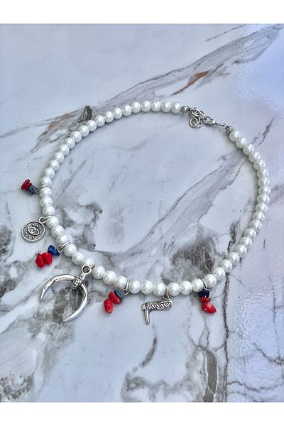 Medusa Accessories Boho Style Glass Pearl Charm Women's Necklace with Coral and Lapis Stone
